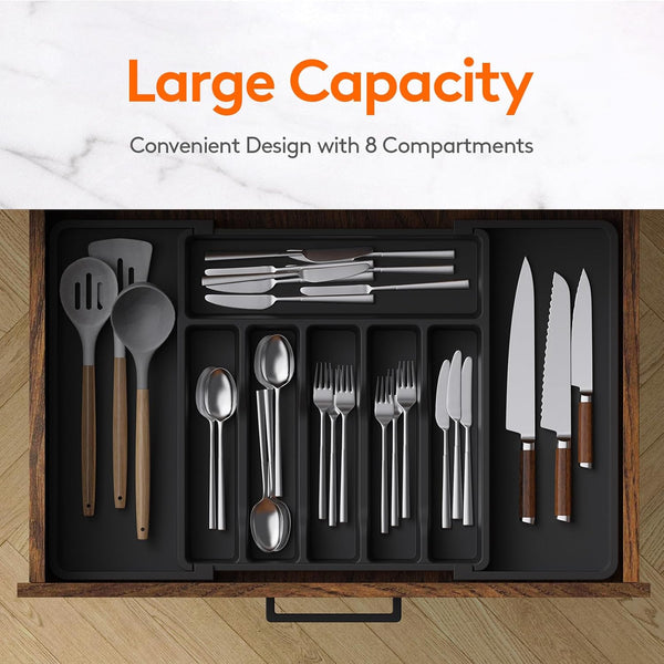 Large Silverware Drawer Organizer, Expandable Utensil Tray for Kitchen, BPA Free Flatware and Cutlery Holder, Adjustable Plastic Storage for Spoons Forks Knives, Large, Black